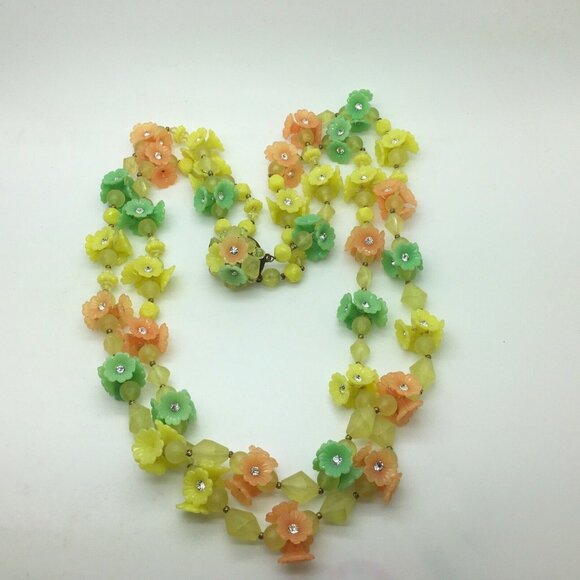 West Germany Plastic Flower Necklace Double Strand Cluster Floral Yellow Orange - Picture 2 of 4